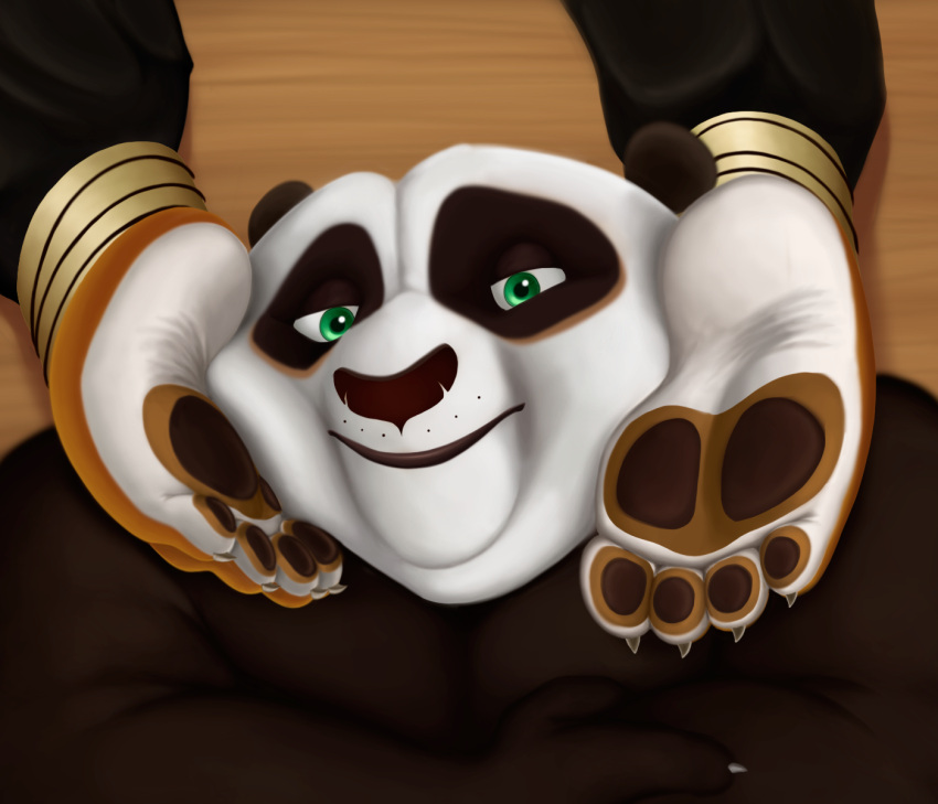 anthro barefoot bear countershade_feet countershading dreamworks dreamworks_smirk duo feet felid female foot_on_face giant_panda green_eyes hi_res kung_fu_panda looking_at_viewer male male/female mammal master_po_ping master_tigress pantherine pawpads pinwin soles tiger