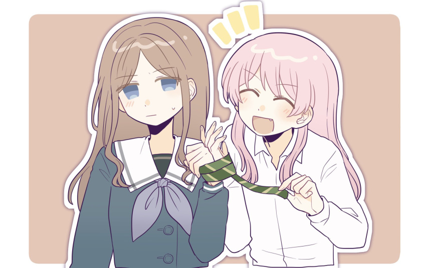 2girls artist_request bang_dream! bang_dream!_it's_mygo!!!!! black_shirt blue_eyes blush bound_together brown_hair chihaya_anon chinese_commentary closed_eyes closed_mouth collared_shirt commentary_request commission fang green_necktie grey_neckerchief highres long_hair long_sleeves multiple_girls nagasaki_soyo neckerchief necktie notice_lines open_mouth pink_hair sailor_collar school_uniform second-party_source shirt smile sweatdrop tsukinomori_school_uniform unworn_necktie upper_body white_sailor_collar white_shirt