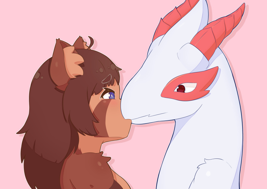 absurd_res anthro detsu duo female hi_res horn kissing male pink_background simple_background stare staring_into_eyes stinky_the_dragon