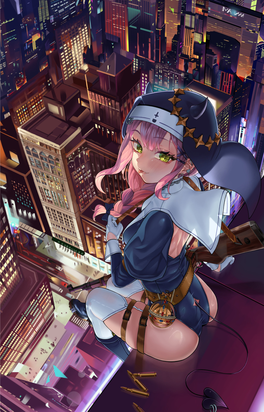 1girl :p absurdres blush boots bow braid breasts cartridge cityscape demon_tail ear_piercing from_above gloves green_eyes gun gun_sling hair_bow hair_ornament highres hololive horns long_hair long_sleeves medium_breasts nun piercing pink_hair purple_hair rifle snarkhunt solo tail tail_through_clothes thighhighs tokoyami_towa tongue tongue_out veil virtual_youtuber weapon white_gloves white_thighhighs x_hair_ornament