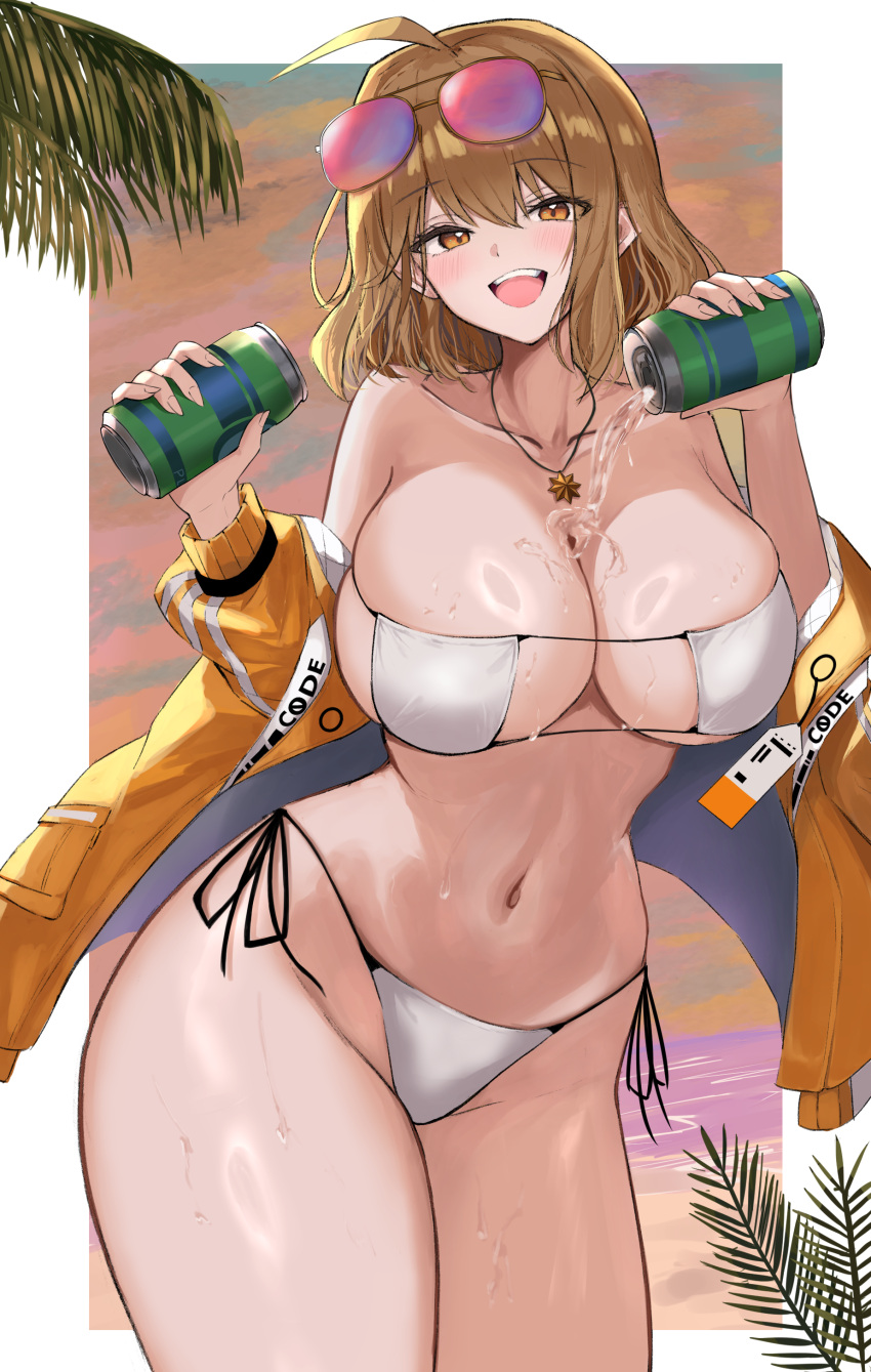 1girl absurdres ahoge anis_(nikke) anis_(sparkling_summer)_(nikke) b4_(yonten) bare_shoulders bikini border breasts brown_eyes brown_hair cleavage collarbone commentary_request curvy eyepatch_bikini eyewear_on_head goddess_of_victory:_nikke highres huge_breasts jacket looking_at_viewer navel off_shoulder official_alternate_costume open_mouth outside_border palm_leaf shiny_skin short_hair smile solo stomach swimsuit teeth thick_thighs thighs tinted_eyewear upper_teeth_only white_bikini white_border wide_hips yellow_jacket