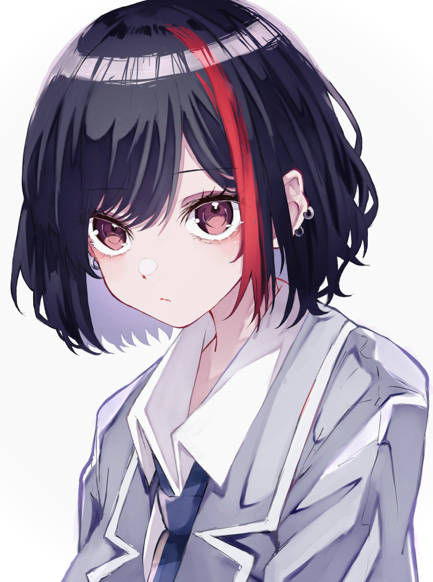 1girl absurdres bang_dream! black_hair blazer blue_necktie closed_mouth collared_shirt commentary_request ear_piercing earrings grey_jacket haneoka_school_uniform highres jacket jewelry looking_at_viewer mitake_ran multicolored_hair necktie nuruponnu piercing red_eyes red_streaks school_uniform shirt short_hair simple_background solo streaked_hair two-tone_hair upper_body white_background white_shirt