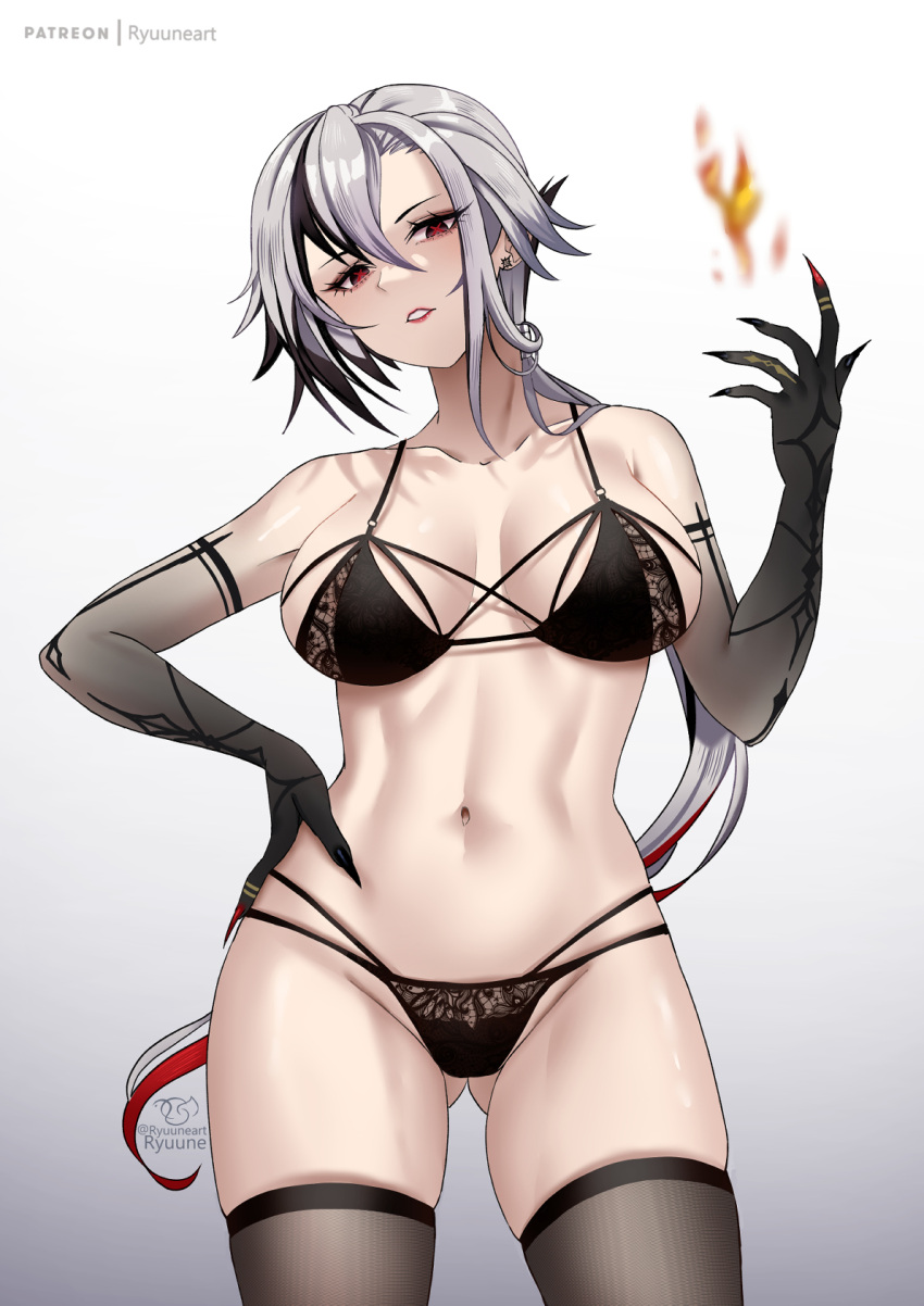 1girl arlecchino_(genshin_impact) arm_tattoo bare_shoulders black_hair black_panties breasts commentary cowboy_shot genshin_impact gradient_background grey_background grey_hair grey_thighhighs groin highres large_breasts long_hair looking_at_viewer low_ponytail multicolored_hair navel panties ryuuneart solo standing stomach streaked_hair tattoo thighhighs thighs underwear very_long_hair