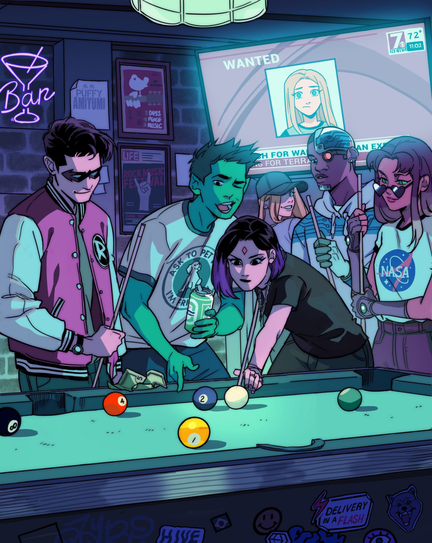 3boys 3girls 8-ball aged_up alcohol ball bar_(place) baseball_cap beast_boy_(dc) beer beer_can billiard_ball billiards breaking_news can colored_skin cue_stick cyborg cyborg_(dc) dark-skinned_male dark_skin dc_comics drink_can english_text flat_screen_tv gabriel_picolo green_skin hat heineken highres holding holding_can holding_cue_stick life_magazine mechanical_parts multiple_boys multiple_girls nasa_logo news pointy_ears pool_table raven_(dc) robin_(dc) starfire sunglasses table teen_titans television terra_(dc) wanted watching_television