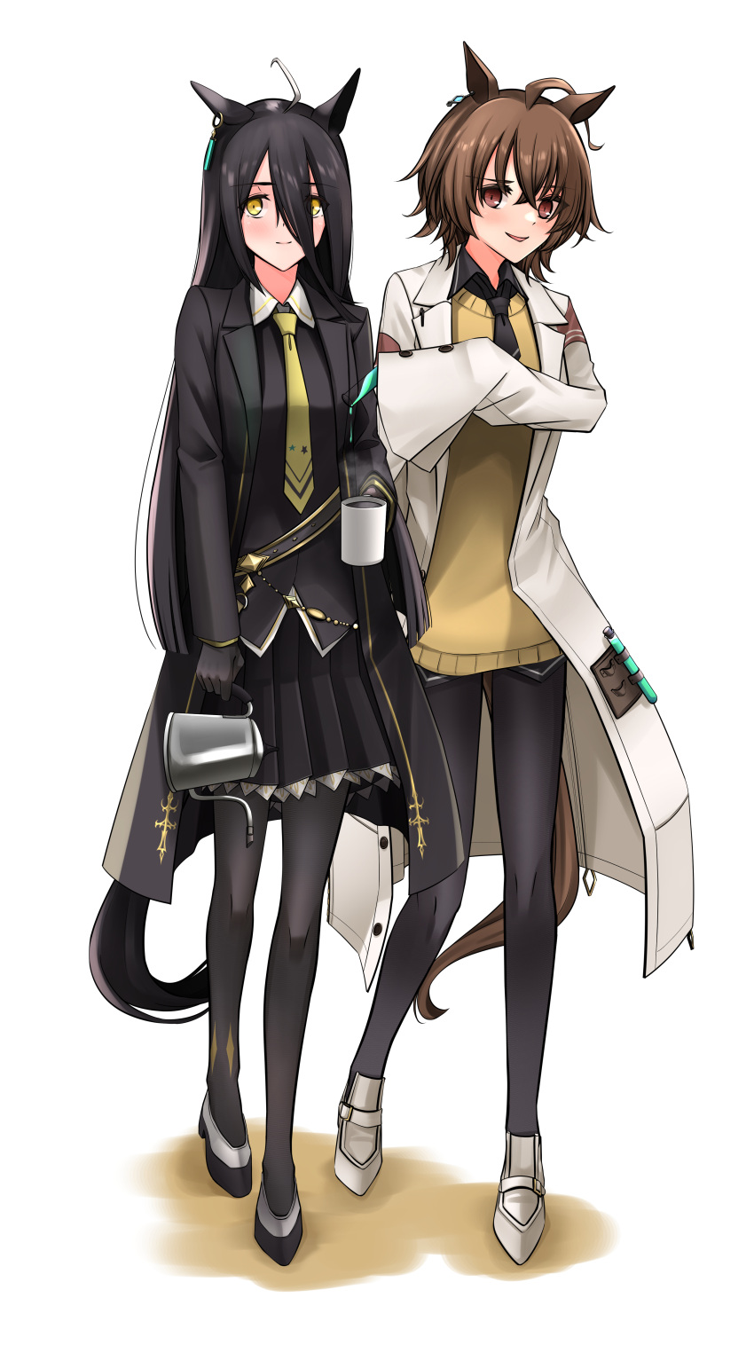 2girls absurdres agnes_tachyon_(umamusume) ahoge animal_ears black_hair black_necktie black_pantyhose black_shirt black_skirt brown_hair chemical_structure collared_shirt commentary cup earrings full_body hair_between_eyes highres holding holding_coffee_pot holding_cup horse_ears horse_girl horse_tail jewelry lab_coat long_bangs long_hair long_sleeves looking_at_viewer manhattan_cafe_(umamusume) multiple_girls necktie pantyhose pleated_skirt red_eyes shirt short_hair short_necktie single_earring skirt sleeves_past_fingers sleeves_past_wrists sweater sweater_vest tail test_tube threepitz umamusume white_footwear white_hair yellow_eyes yellow_necktie yellow_sweater yellow_sweater_vest