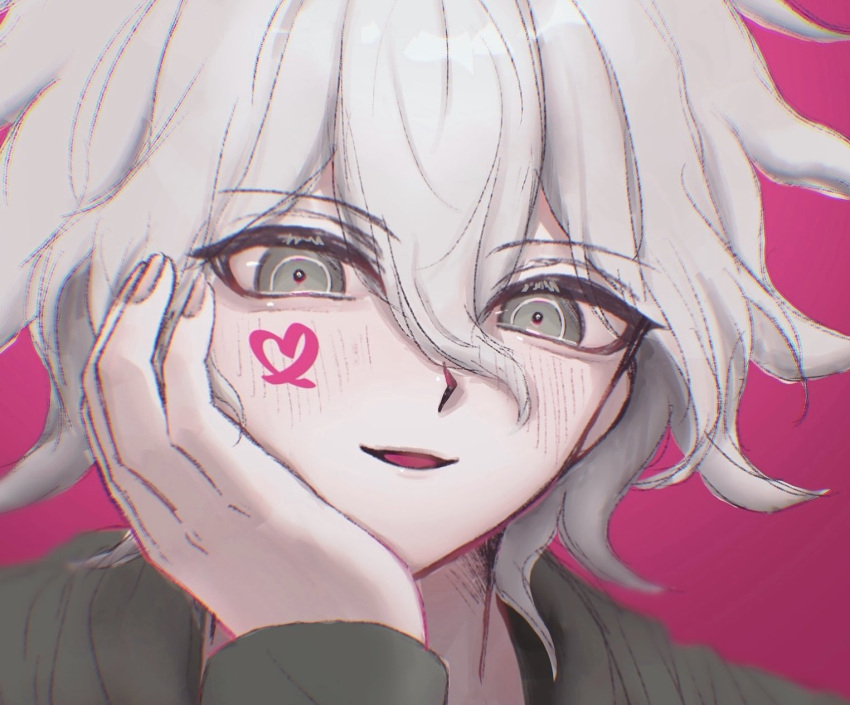 1boy blush danganronpa_(series) danganronpa_2:_goodbye_despair grey_hair hair_between_eyes hand_on_own_cheek hand_on_own_face heart heart_print highres kangae-chu komaeda_nagito male_focus medium_hair open_mouth pink_background portrait smile solo