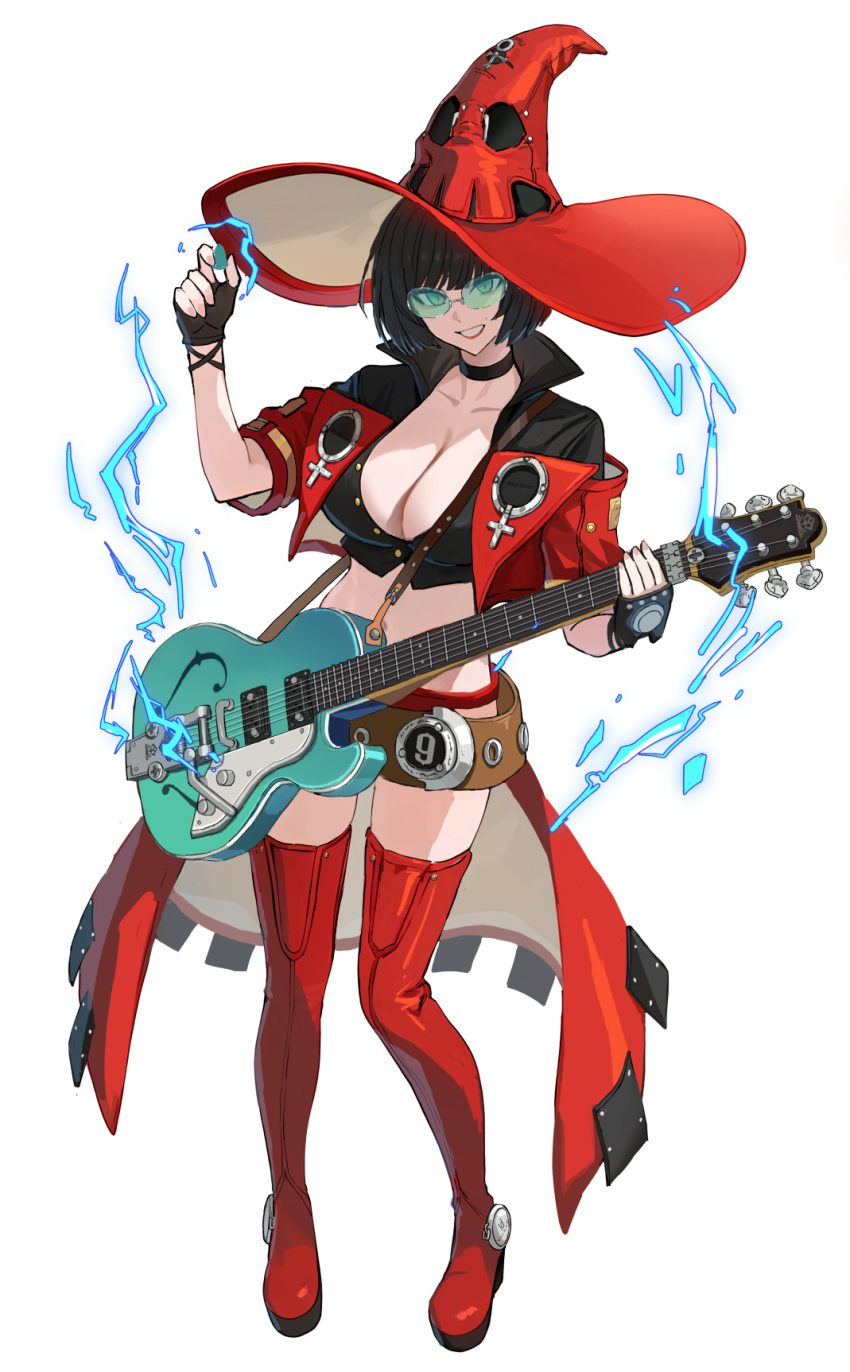 1girl black_choker black_gloves boots breasts choker cleavage commission electric_guitar fingerless_gloves full_body gloves green-tinted_eyewear guilty_gear guilty_gear_strive guitar hat highres holding holding_guitar holding_instrument holding_plectrum i-no instrument large_breasts looking_at_viewer mole mole_above_mouth music playing_instrument plectrum purple_z red_footwear red_hat red_leather red_lips short_hair short_sleeves standing thigh_boots tinted_eyewear venus_symbol witch_hat