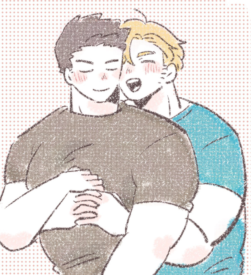 2boys ao_isami bara black_hair blonde_hair blush closed_eyes colored_pencil_(medium) couple facial_hair hand_on_another's_hand happy heads_together highres hug hug_from_behind large_pectorals lewis_smith male_focus multiple_boys muscular muscular_male muted_color paya_genko_man pectorals sideburns_stubble stubble thick_eyebrows traditional_media upper_body yaoi yuuki_bakuhatsu_bang_bravern