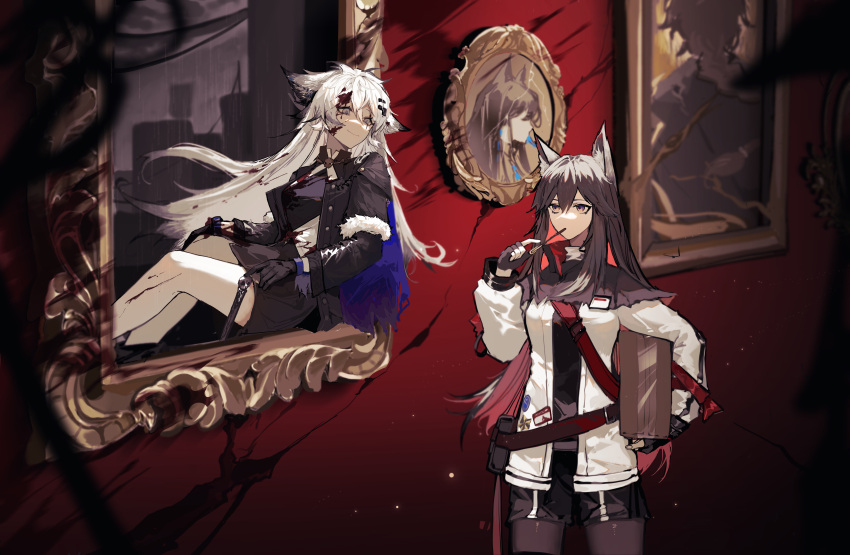 2girls absurdres animal_ear_fluff animal_ears arknights bangs black_capelet black_gloves black_hair black_jacket black_pantyhose black_shirt black_shorts black_skirt blood blood_in_hair blood_on_clothes box capelet cardboard_box carrying carrying_under_arm closed_mouth fingerless_gloves food food_in_mouth gcyngzz gloves grey_eyes hair_between_eyes highres jacket lappland_(arknights) legwear_under_shorts mouth_hold multicolored_hair multiple_girls open_clothes open_jacket pantyhose picture_frame pocky purple_eyes red_hair shirt short_shorts shorts skirt smile standing texas_(arknights) two-tone_hair white_hair white_jacket