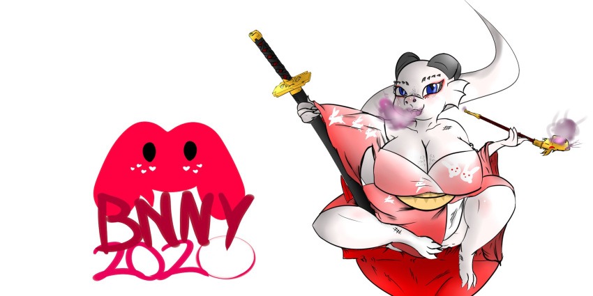 anthro big_breasts blue_eyes breasts claws cleavage clothed clothing female freckles gradient_clothing hi_res holding_object holding_smoking_pipe holding_sword holding_weapon horn kobold looking_at_viewer melee_weapon open_mouth pink_clothing red_clothing scales scalie signature smoke smoke_from_mouth smoking_pipe solo steam succubusbnny sword tongue weapon white_body white_clothing white_scales white_tail