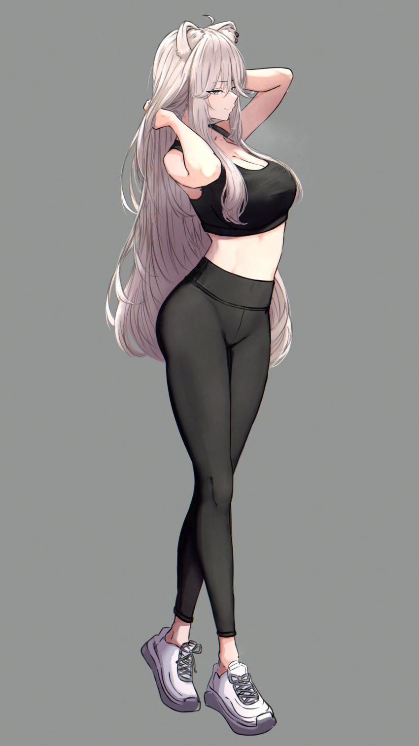 1girl absurdres ahoge animal_ears arms_up bare_shoulders breasts cleavage collarbone commentary_request covered_navel crossed_legs full_body grey_background grey_eyes grey_hair hair_between_eyes hands_in_own_hair highres holofive hololive large_breasts leggings lion_ears long_hair looking_at_viewer midriff navel pants shishiro_botan shoes simple_background smile sneakers solo sports_bra standing stomach very_long_hair virtual_youtuber watson_cross white_footwear zexalmike