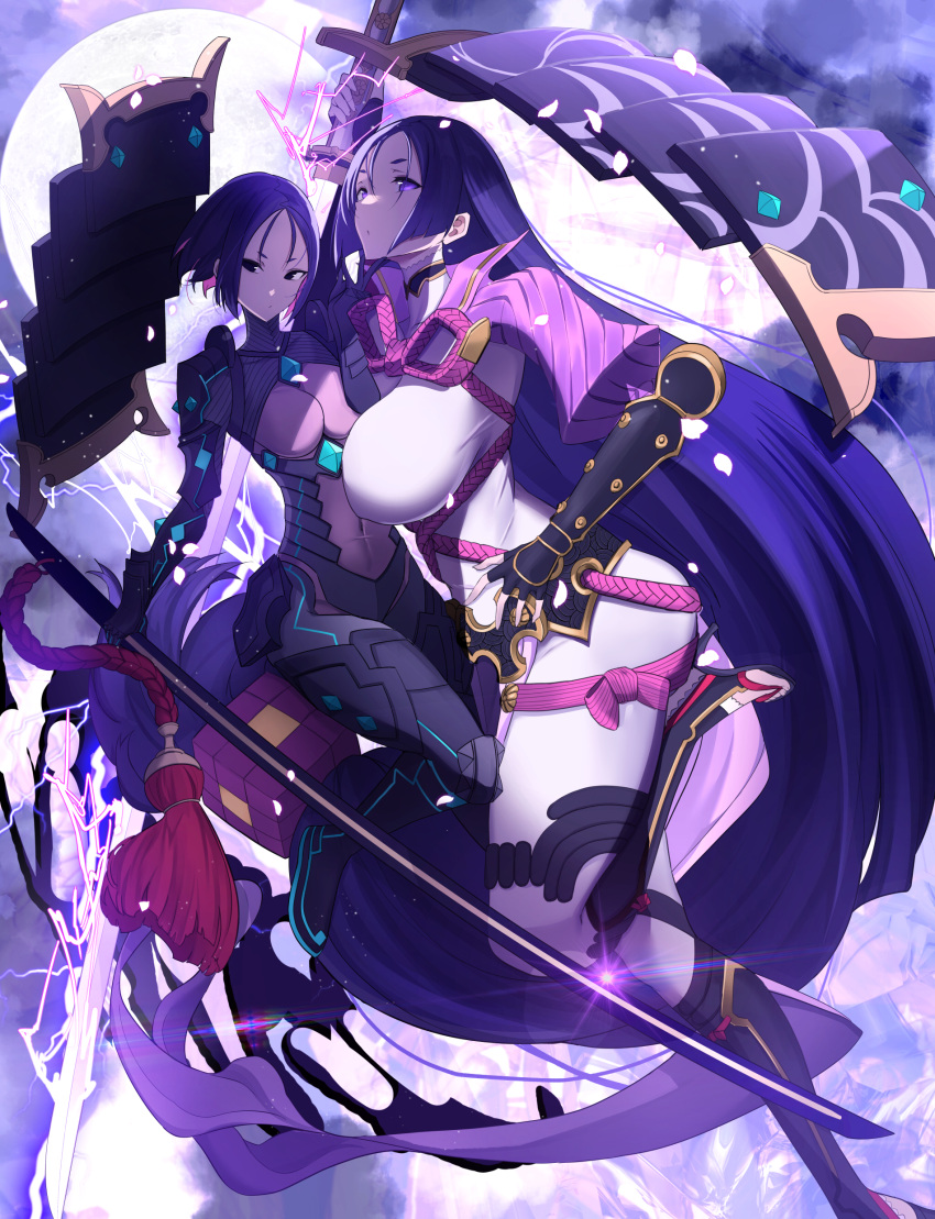 2girls absurdres arm_guards armor black_armor bob_cut bodysuit breasts dual_persona fate/grand_order fate/samurai_remnant fate_(series) full_moon gem highres holding holding_sword holding_weapon huge_breasts japanese_armor katana kote lightning long_hair low-tied_long_hair minamoto_no_raikou_(fate) moon multiple_girls parted_bangs purple_eyes purple_hair ribbed_sleeves rope sandals short_hair small_breasts sword tassel toeless_footwear toeless_legwear untue ushi_gozen_(avenger)_(fate) ushi_gozen_(fate) very_long_hair weapon