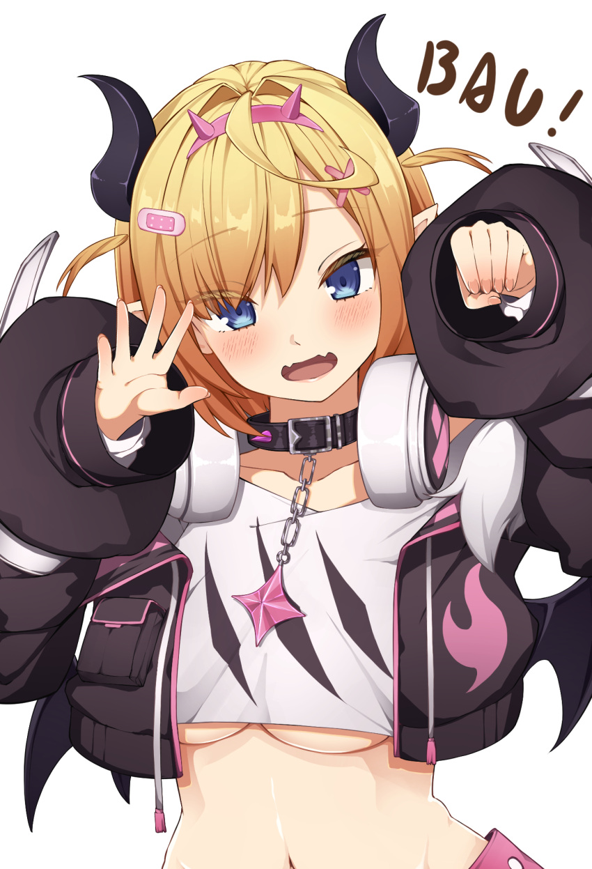 1girl aobara_hairi bandaid bandaid_hair_ornament belt belt_collar black_collar blonde_hair blue_eyes breasts collar cosplay cropped_jacket cropped_shirt demon_girl demon_horns demon_wings fangs fur-trimmed_jacket fur_trim hair_ornament headphones headphones_around_neck highres hololive hololive_english horns jacket large_breasts looking_at_viewer medium_hair mococo_abyssgard mococo_abyssgard_(1st_costume) mococo_abyssgard_(cosplay) nail_polish navel open_mouth pink_belt pink_nails pointy_ears shirt skin_fangs spiked_collar spikes two_side_up underboob virtual_youtuber white_background white_shirt wings x_hair_ornament yuzuki_choco