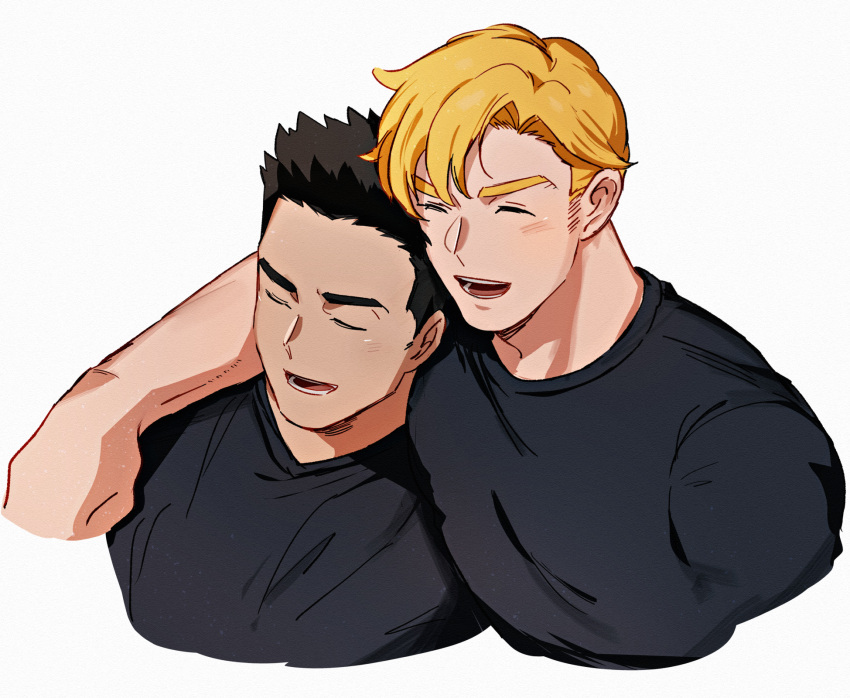 2boys ao_isami arm_around_shoulder black_hair blonde_hair closed_eyes couple cropped_torso facial_hair happy heads_together highres lewis_smith male_focus mamefuku_(mamedehuku) multiple_boys pectorals sideburns_stubble stubble thick_eyebrows yaoi yuuki_bakuhatsu_bang_bravern