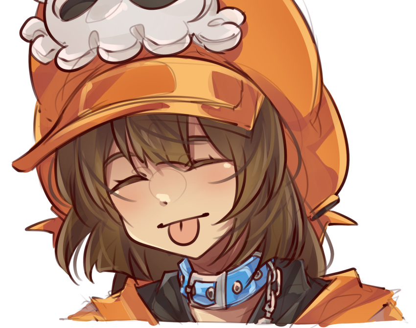 1girl :p blue_choker brown_hair cabbie_hat choker closed_eyes guilty_gear guilty_gear_strive hat hat_ornament highres hood hoodie long_hair may_(guilty_gear) mil17459623 orange_hat orange_hoodie skull_and_crossbones skull_hat_ornament tongue tongue_out upper_body