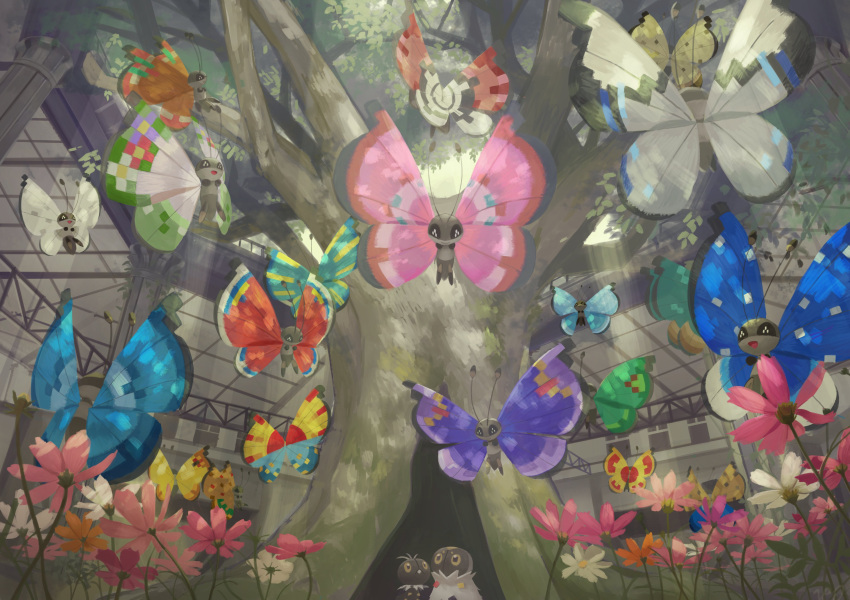 :d absurdres animal_focus black_eyes bug butterfly ceiling commentary_request flower highres indoors king_joe_(neoroto) light_rays no_humans open_mouth pink_flower pokemon pokemon_(creature) scatterbug smile spewpa tree vivillon