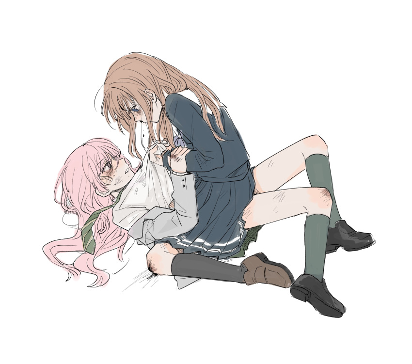 2girls absurdres artist_request bang_dream! bang_dream!_it's_mygo!!!!! black_footwear black_shirt black_skirt black_socks blood blue_eyes blush brown_footwear brown_hair chihaya_anon commission full_body green_necktie green_socks grey_eyes grey_jacket haneoka_school_uniform highres jacket kneehighs loafers long_hair long_sleeves lying multiple_girls nagasaki_soyo necktie nosebleed on_back pink_hair pleated_skirt school_uniform second-party_source shirt shirt_grab shoes simple_background skirt socks straddling white_background white_shirt yuri