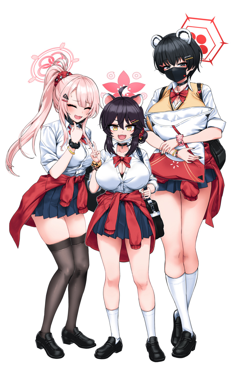 3girls absurdres alternate_costume animal_ears black_footwear black_hair black_mask blue_archive blush bow bowtie breasts cain_(gunnermul) choker cleavage collared_shirt full_body hair_ornament hairclip highres kaede_(blue_archive) kneehighs large_breasts loafers long_hair long_sleeves looking_at_viewer mask mask_pull mimori_(blue_archive) miniskirt mouth_mask multiple_girls open_mouth pink_hair pleated_skirt ponytail raccoon_ears raccoon_girl red_skirt ribbon school_uniform shirt shoes short_hair short_sleeves simple_background skirt smile socks standing thighhighs tsubaki_(blue_archive) underwear white_background white_shirt yellow_eyes