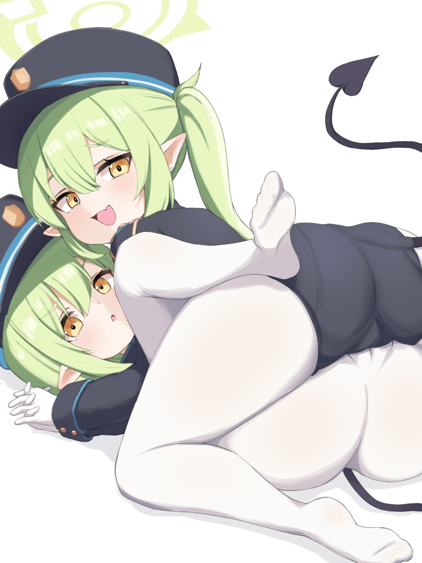 2girls ass blue_archive blush demon_tail green_hair hair_between_eyes hat highres hikari_(blue_archive) looking_at_viewer multiple_girls nicomi-chan nozomi_(blue_archive) open_mouth tail yellow_eyes