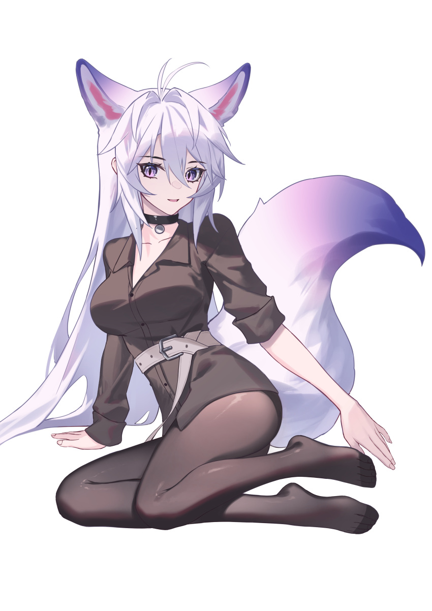1girl absurdres ahoge animal_ears antenna_hair barefoot belt black_choker black_pantyhose black_shirt breasts choker collarbone collared_shirt dress_shirt extra_ears fingernails fox_ears fox_girl fox_tail hair_between_eyes hair_intakes highres kirby_d_a long_hair long_sleeves looking_at_viewer open_mouth original pantyhose purple_eyes shirt simple_background sitting sleeves_rolled_up smile solo tail thighs toes very_long_hair white_background white_hair
