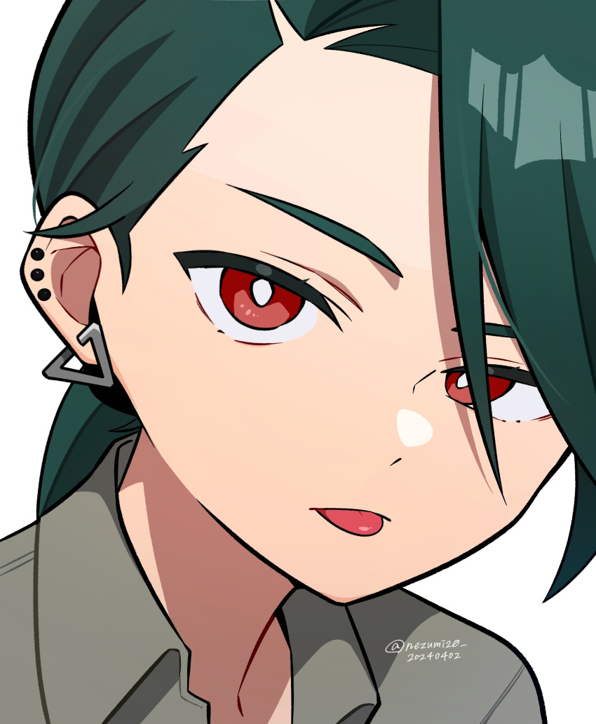 1girl bright_pupils closed_mouth collared_shirt commentary_request dated earrings genjitsu_o_miro green_hair grey_shirt highres jewelry long_hair looking_at_viewer pokemon pokemon_sv portrait red_eyes rika_(pokemon) shirt solo stud_earrings tongue tongue_out white_pupils