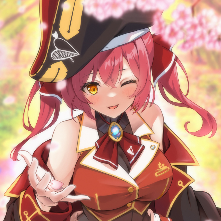 1girl absurdres ascot asobineko_(neko_irastonyan) bicorne blurry blush breasts cherry_blossoms commentary_request depth_of_field eyelashes falling_petals hair_between_eyes happy hat highres hololive houshou_marine houshou_marine_(1st_costume) long_hair long_sleeves looking_at_viewer off_shoulder one_eye_closed open_mouth petals reaching reaching_towards_viewer red_ascot red_hair smile solo twintails upper_body virtual_youtuber yellow_eyes