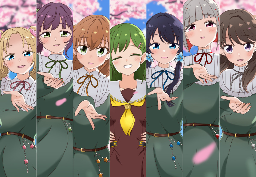 6+girls :d absurdres asymmetrical_bangs belt blonde_hair blue_eyes blue_flower blue_hair blue_ribbon blurry blurry_background blush bob_cut brown_belt brown_dress brown_hair cherry_blossoms closed_eyes collarbone colored_inner_hair crossed_bangs crying dakishimeru_hanabira_(love_live!) dark_blue_hair diagonal_bangs dress flower fujishima_megumi green_dress green_eyes green_hair green_ribbon grey_hair grey_ribbon grin hair_flower hair_ornament hairclip happy_tears hashtag-only_commentary hasu_no_sora_school_uniform highres hinoshita_kaho inverted_bob kanzaki_gou link!_like!_love_live! long_hair long_sleeves love_live! low_twintails lower_teeth_only medium_hair multicolored_hair multiple_girls murano_sayaka neck_ribbon neckerchief oogami_sachi open_mouth orange_ribbon osawa_rurino otomune_kozue outstretched_arm outstretched_hand parted_bangs pink_flower pink_ribbon pleated_dress purple_eyes purple_hair reaching reaching_towards_viewer red_eyes red_hair red_ribbon ribbon sailor_collar sailor_dress school_uniform short_hair sidelocks smile straight_hair streaked_hair swept_bangs tears teeth twintails virtual_youtuber white_sailor_collar winter_uniform yellow_neckerchief yugiri_tsuzuri