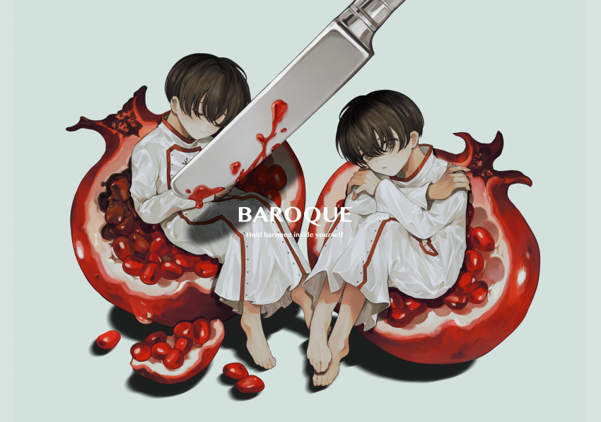 2boys absurdres barefoot baroque_(series) brothers brown_eyes brown_hair child closed_eyes copyright_name crossed_arms english_text food fruit full_body highres knife looking_at_viewer male_focus mop_(shirokumaiceumaiyo) multiple_boys pomegranate protagonist_(baroque) shadow short_hair siblings twins white_background