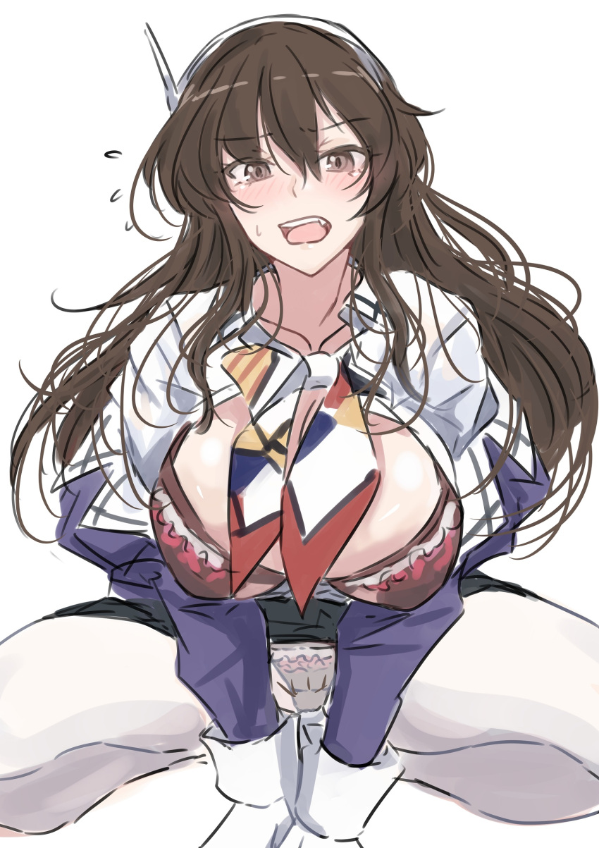 absurdres ashigara_(kancolle) ashigara_kai_ni_(kancolle) bra breasts brown_eyes brown_hair hairband highres jacket kantai_collection ken_(shutenndouji1) long_hair multicolored_neckerchief neckerchief open_clothes open_jacket open_mouth open_shirt panties pantyhose red_bra red_panties underwear wavy_hair white_hairband white_pantyhose