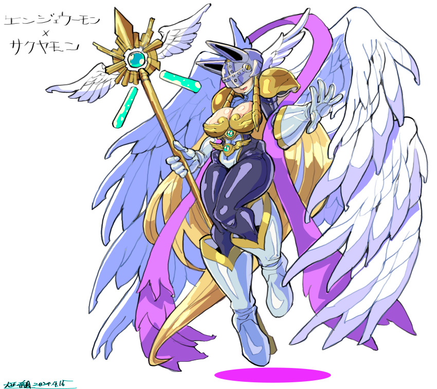 1girl angel_wings angewomon armor blonde_hair boots breastplate breasts character_name cleavage covered_eyes digimon feathered_wings full_body fusion head_wings helmet helmet_over_eyes highres holding holding_staff large_breasts long_hair oomasa_teikoku pink_ribbon ribbon sakuyamon shoulder_armor simple_background skin_tight solo staff white_background white_footwear wings