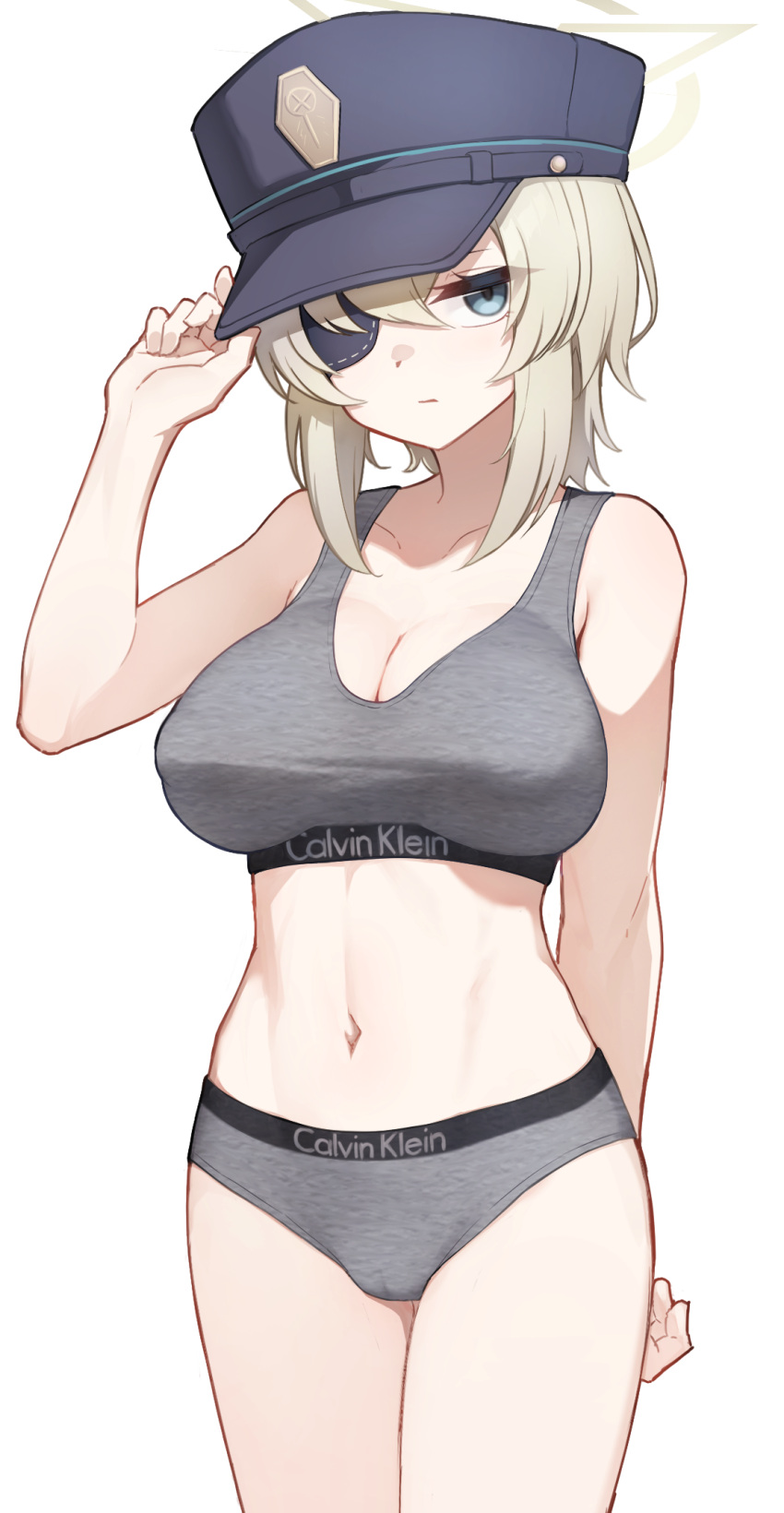 1girl bare_arms bare_shoulders blonde_hair blue_archive bra breasts calvin_klein cleavage closed_mouth cowboy_shot eyepatch grey_bra grey_panties groin hair_between_eyes hand_on_headwear hat highres hudeako looking_at_viewer medium_hair midriff navel panties peaked_cap shirt simple_background solo sports_bra standing stomach suou_(blue_archive) underwear underwear_only white_background