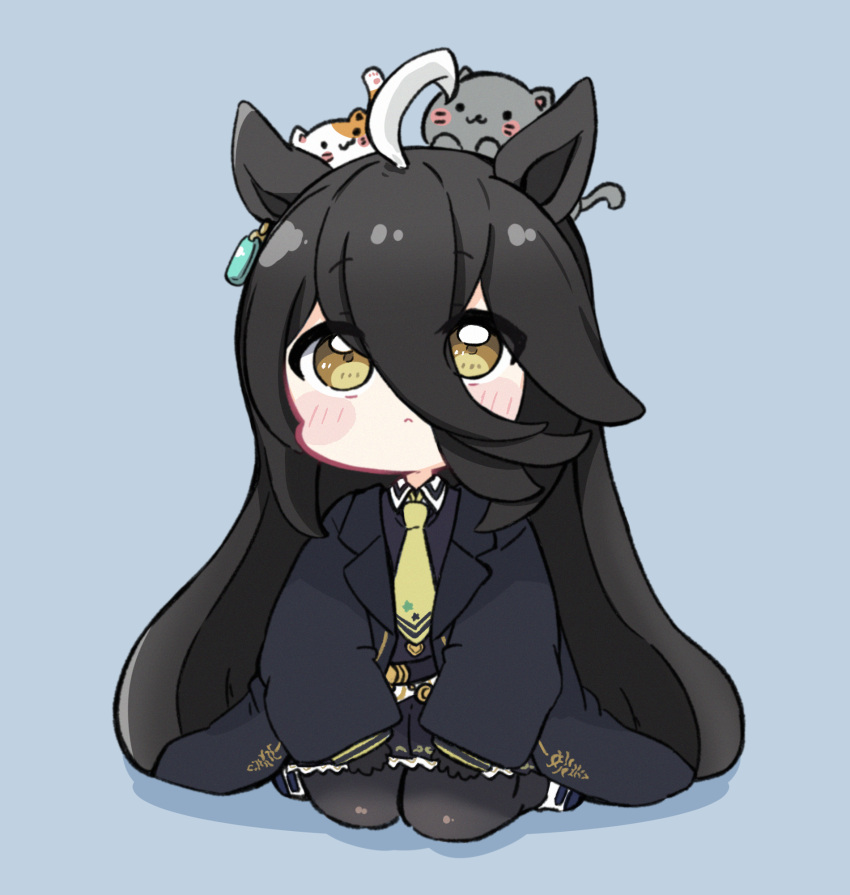 1girl ahoge animal animal_ears animal_on_head black_gloves black_hair black_jacket black_pantyhose black_shirt black_skirt blue_background blush_stickers brown_eyes cat chibi closed_mouth collared_shirt commentary full_body gloves hair_between_eyes highres horse_ears jacket long_hair long_sleeves manhattan_cafe_(umamusume) necktie nozo_(hitomiz) on_head open_clothes open_jacket pantyhose pleated_skirt print_necktie puffy_long_sleeves puffy_sleeves shadow shirt shoes simple_background sitting skirt sleeves_past_wrists solo star_(symbol) star_print umamusume very_long_hair wariza white_footwear yellow_necktie