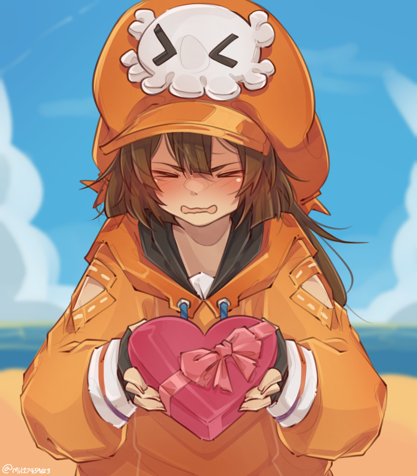 &gt;_&lt; 1girl absurdres black_gloves box box_of_chocolates brown_hair cabbie_hat fingerless_gloves gift gift_box gloves guilty_gear guilty_gear_strive hat hat_ornament heart-shaped_box highres holding holding_gift hood hoodie long_hair long_sleeves looking_at_viewer may_(guilty_gear) mil17459623 open_mouth orange_hat orange_hoodie skull_and_crossbones skull_hat_ornament valentine