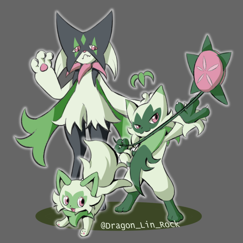 2022 3_fingers 3_toes :3 :d ambiguous_gender anthro biped cheek_tuft claws cute_fangs digital_media_(artwork) digitigrade dipstick_ears dragon_lin_rock evolutionary_family facial_tuft feet feral fingers floragato fur generation_9_pokemon green_body green_fur group leaked_pokemon light_body light_fur mask meowscarada mouth_closed multicolored_ears nintendo open_mouth pawpads pink_eyes pink_nose pink_pawpads pink_tongue pokemon pokemon_(species) pupils quadruped raised_hand slit_pupils smile sprigatito toes tongue trio tuft video_games white_claws yo-yo