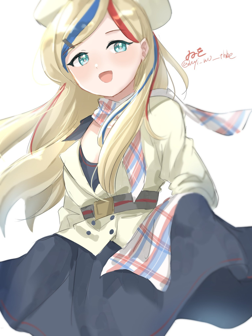 1girl artist_name black_dress blonde_hair blue_eyes blue_hair commandant_teste_(kancolle) dress highres jacket kantai_collection long_hair multicolored_clothes multicolored_hair multicolored_scarf one-hour_drawing_challenge plaid plaid_scarf red_hair scarf simple_background smile solo streaked_hair twitter_username wavy_hair white_background white_hair white_hat white_jacket wiwo