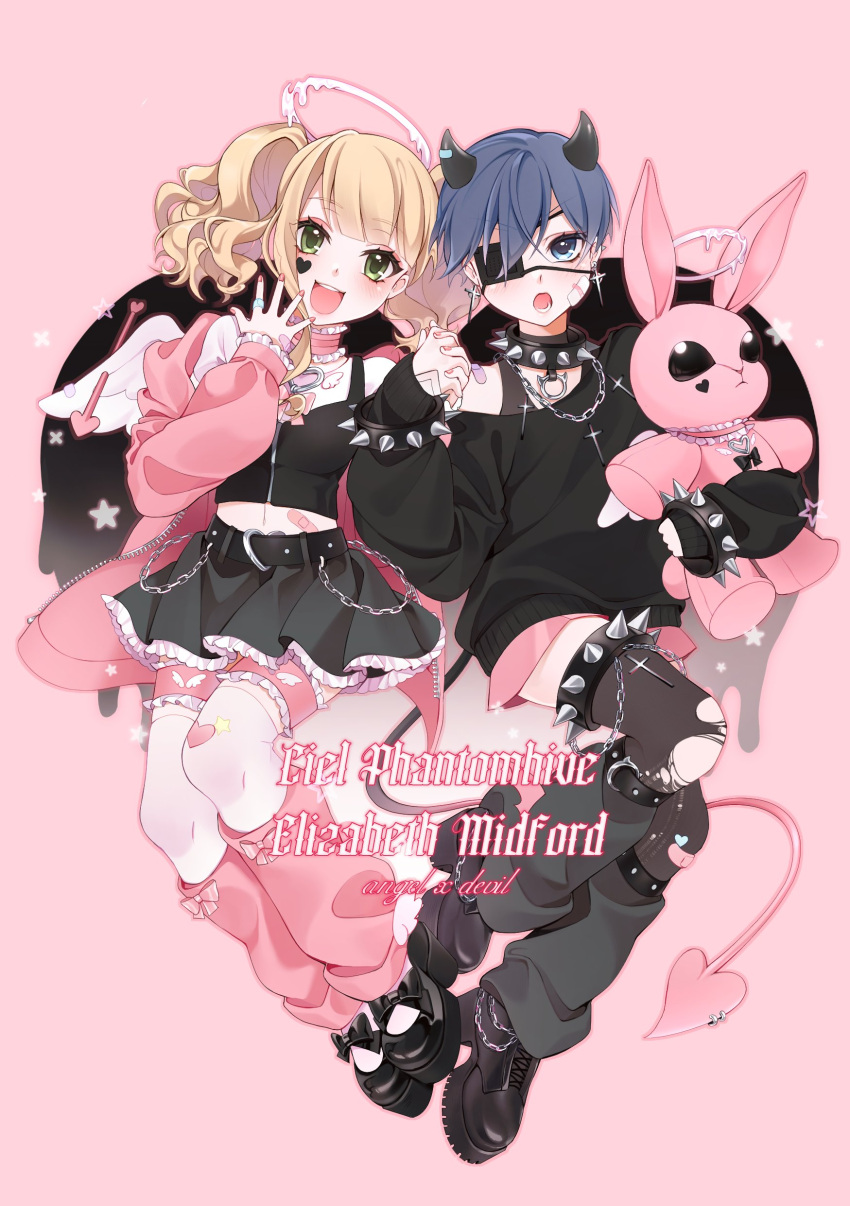 1boy 1girl :o absurdres androgynous angel_wings belt bishounen black_belt black_bracelet black_collar black_footwear black_horns black_pantyhose black_skirt black_socks black_tank_top blonde_hair blue_eyes blue_hair bracelet chain character_name ciel_phantomhive collar cross cross_earrings dark_blue_hair demon_horns demon_tail earrings elizabeth_ethel_cordelia_midford eyepatch facial_mark fake_horns fake_tail gauze_on_cheek green_eyes halo heart heart_facial_mark highres holding holding_hands holding_stuffed_toy horns jacket jewelry kuroshitsuji long_hair looking_at_viewer loose_socks maya_(bearrabbit) melting_halo off_shoulder open_mouth pantyhose pink_jacket pink_nails pink_shorts pink_tail pink_theme pleated_skirt short_hair shorts skirt socks spiked_bracelet spiked_collar spiked_thigh_strap spikes star_(symbol) stuffed_animal stuffed_rabbit stuffed_toy tail tank_top thigh_strap thighhighs twintails white_socks white_thighhighs wings