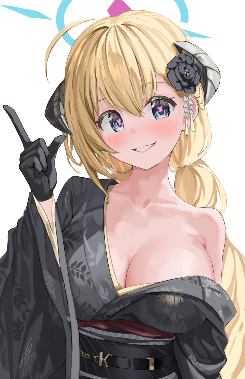 1girl absurdres ahoge akari_(blue_archive) akari_(new_year)_(blue_archive) black_gloves black_kimono black_sash blonde_hair blue_archive blue_eyes blue_halo blush breasts cleavage collarbone commentary_request cross-shaped_pupils gisi_(gicgic_draw) gloves halo hand_up highres index_finger_raised japanese_clothes kimono large_breasts looking_at_viewer obi pink_pupils sash single_bare_shoulder single_off_shoulder smile solo symbol-shaped_pupils upper_body