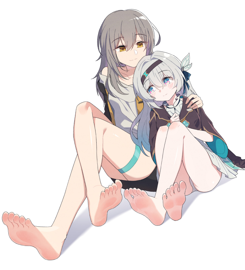 2girls arka91 bare_legs barefoot black_hairband black_jacket black_shorts blush breasts brown_eyes closed_mouth crossed_legs eyebrows_hidden_by_hair feet firefly_(honkai:_star_rail) gradient_eyes grey_hair grey_panties hair_between_eyes hair_ornament hairband hand_on_another's_shoulder head_on_another's_shoulder highres honkai:_star_rail honkai_(series) jacket knees_up legs long_hair looking_at_another multicolored_eyes multiple_girls panties pantyshot shirt shorts simple_background small_breasts smile soles stelle_(honkai:_star_rail) thigh_strap toes trailblazer_(honkai:_star_rail) underwear white_background white_shirt yuri