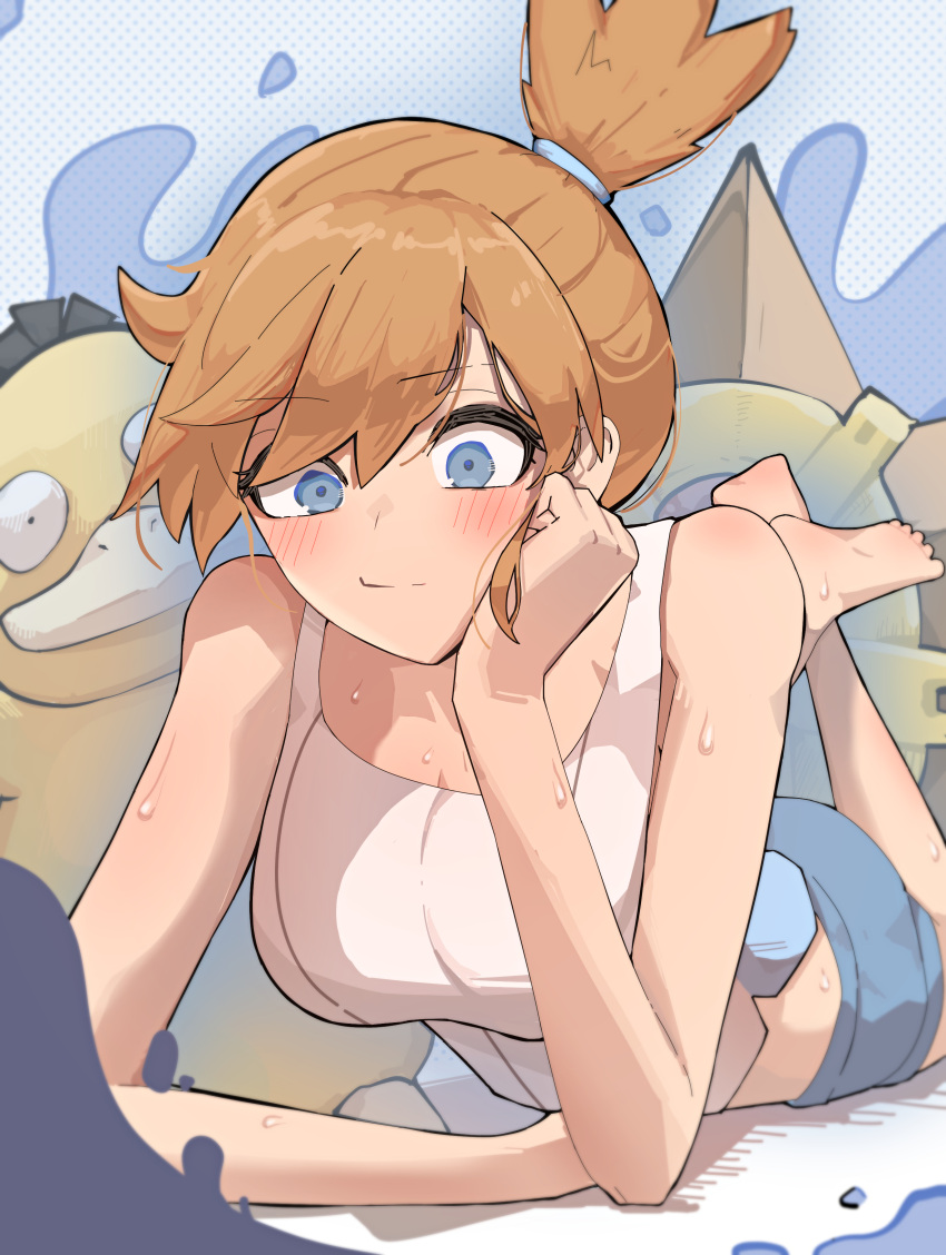 1girl absurdres azz0422 barefoot blue_eyes blue_shorts blush breasts english_commentary feet_up foreshortening hand_on_own_face highres looking_down lying medium_breasts midriff_peek misty_(pokemon) on_stomach orange_hair pokemon pokemon_(creature) polka_dot polka_dot_background ponytail psyduck shorts soles splashing starmie sweat swept_bangs tank_top water white_tank_top