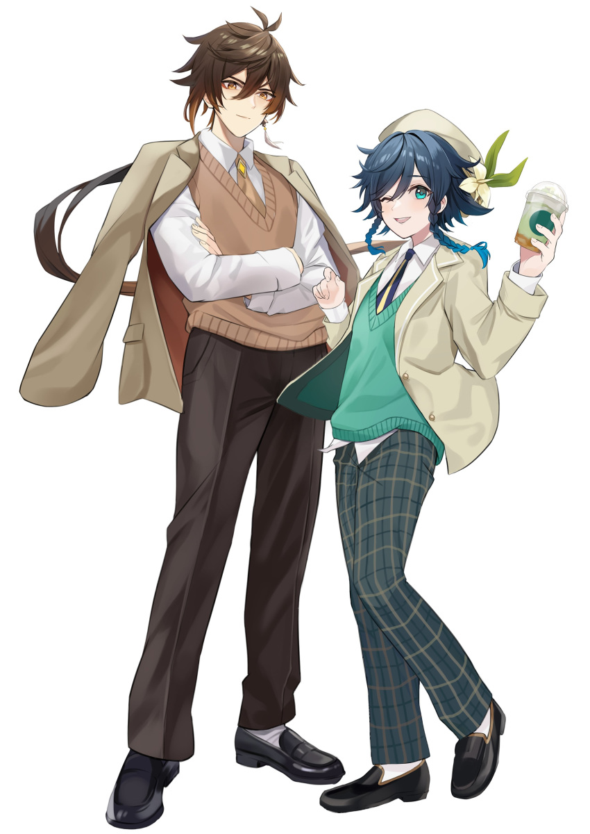 2boys absurdres aqua_eyes black_footwear black_hair blue_hair braid brown_hair brown_pants brown_vest closed_mouth crossed_arms cup disposable_cup earrings genshin_impact gradient_hair green_pants green_vest hair_between_eyes highres holding holding_cup jacket jewelry long_hair long_sleeves male_focus multicolored_hair multiple_boys necktie open_mouth pants ponytail shoes smile sweater_vest tassel twin_braids venti_(genshin_impact) vest yellow_eyes yutoriko_(candy0905) zhongli_(genshin_impact)