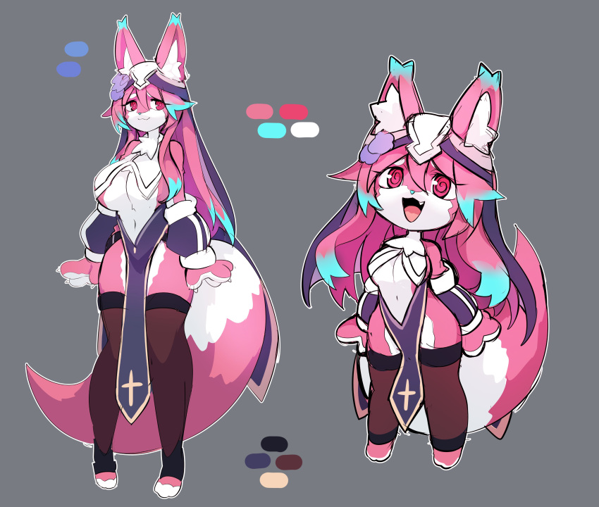 :3 absurd_res anthro armwear big_breasts big_tail biped blue_ears blue_hair blue_nose breasts canid canine chibi claws clothing cute_fangs design_sheet female fox grey_background hair hi_res huge_tail inner_ear_fluff kemono legwear liveruli mammal model_sheet multicolored_body multicolored_ears multicolored_hair multicolored_tail navel nun nun_outfit open_:3 open_mouth paws pink_body pink_ears pink_tail red_eyes rosetta_(liveruli) rtari simple_background sketch spiral_eyes standing stockings tail tuft vtuber white_body white_ears white_tail