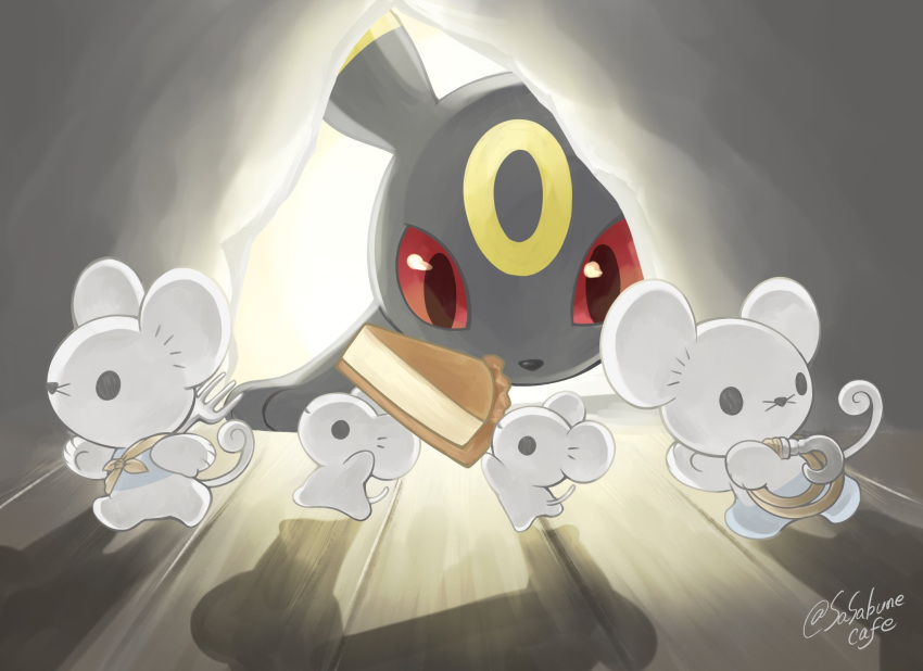 black_eyes cake cake_slice colored_sclera food fork highres holding holding_food looking_at_another maushold maushold_(family_of_four) mouse no_humans pie pokemon pokemon_(creature) red_eyes red_sclera running sasabunecafe signature twitter_username umbreon