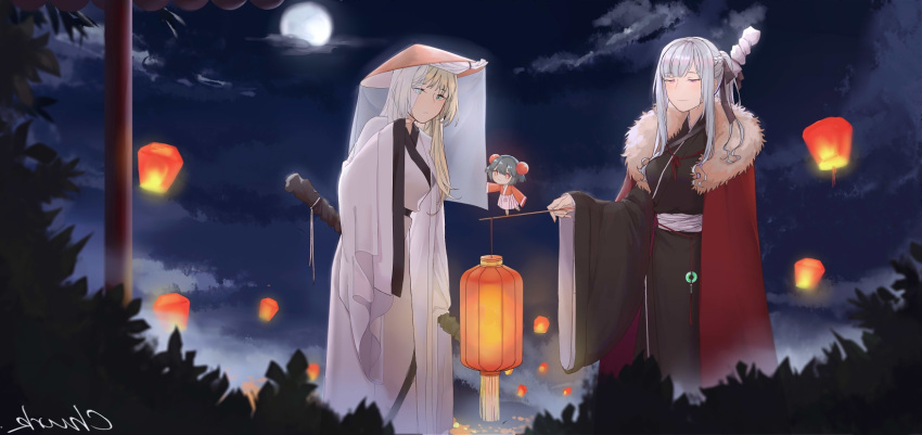 2girls ak-12_(girls'_frontline) alternate_costume an-94_(girls'_frontline) aqua_eyes artist_name bangs black_kimono blonde_hair braid breasts cape chibi churk closed_mouth defy_(girls'_frontline) french_braid fur-trimmed_cape fur_trim girls'_frontline grey_hair hair_ribbon hat highres holding_lamp japanese_clothes kimono lamp light_blush light_smile long_hair looking_at_viewer looking_away moon multiple_girls night night_sky orange_headwear purple_eyes red_cape ribbon rice_hat sidelocks sky standing white_kimono wide_sleeves yukata