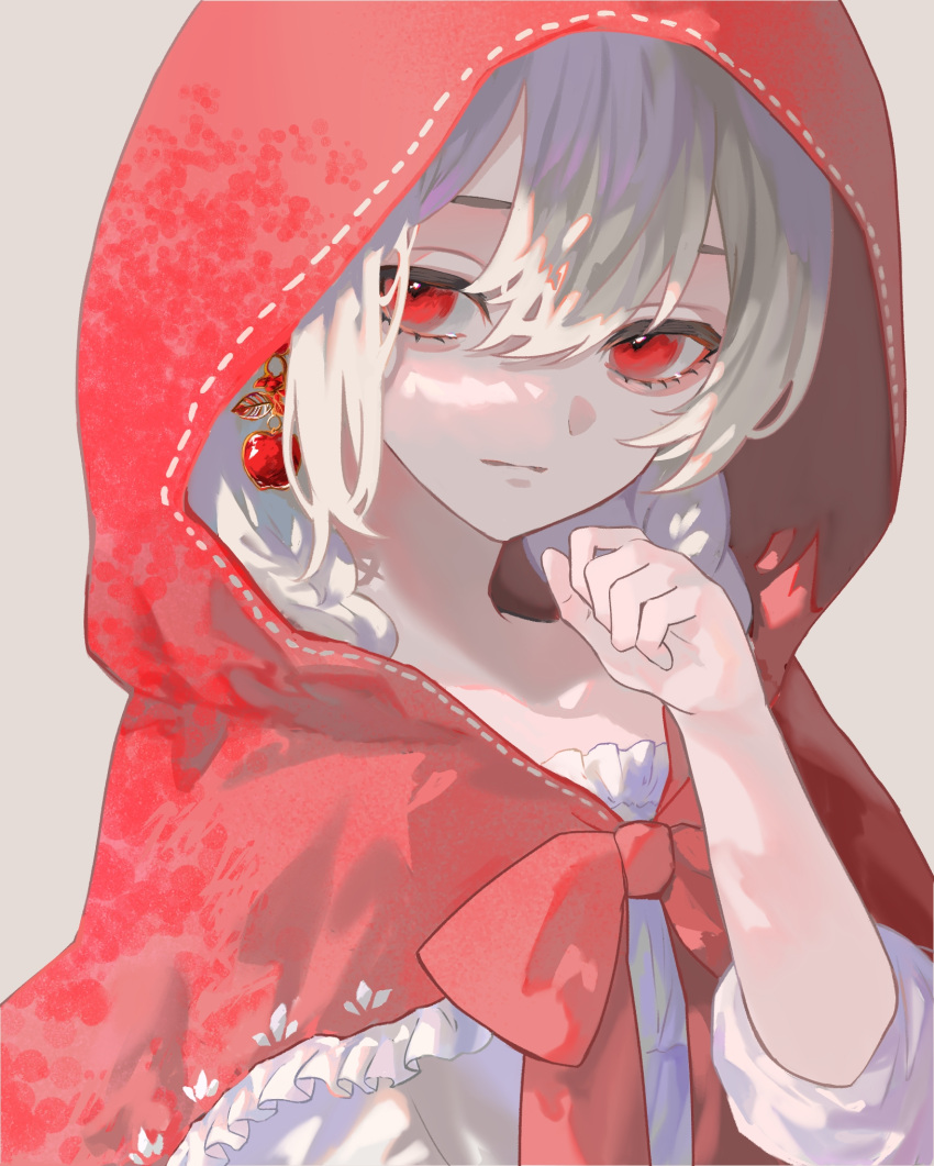 1girl braid capelet earrings expressionless frilled_capelet frills highres hood hood_up jewelry little_red_riding_hood little_red_riding_hood_(grimm) looking_to_the_side original red_eyes solo twin_braids upper_body white_hair yoruirooo777