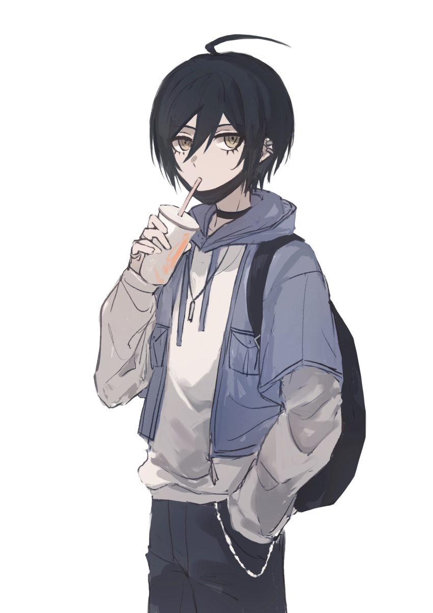 1boy absurdres ahoge backpack bag black_choker black_hair brown_eyes choker cowboy_shot danganronpa_(series) danganronpa_v3:_killing_harmony drinking drinking_straw drinking_straw_in_mouth fu_ga_(vivi912912) hair_between_eyes hand_in_pocket highres hood hood_down jacket jewelry male_focus mask mask_pull mouth_mask necklace open_clothes open_jacket saihara_shuichi short_hair simple_background solo white_background