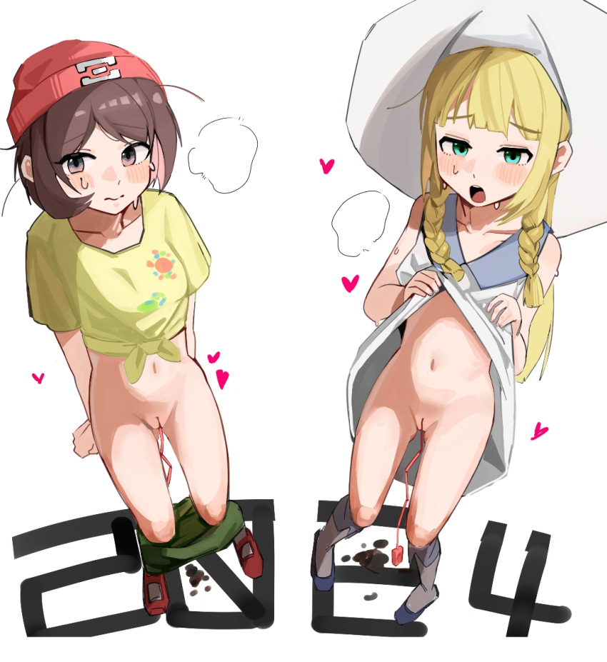 2024 2girls :o beanie blonde_hair blush braid brown_hair closed_mouth clothes_lift clothes_pull collarbone commentary_request dress dress_lift green_eyes green_shorts haidao_mao hat heart highres lifted_by_self lillie_(pokemon) long_hair multiple_girls navel open_mouth pokemon pokemon_sm pussy red_hat selene_(pokemon) shirt shoes short_sleeves shorts shorts_pull standing sweatdrop tied_shirt twin_braids vibrator_cord white_background white_dress yellow_shirt