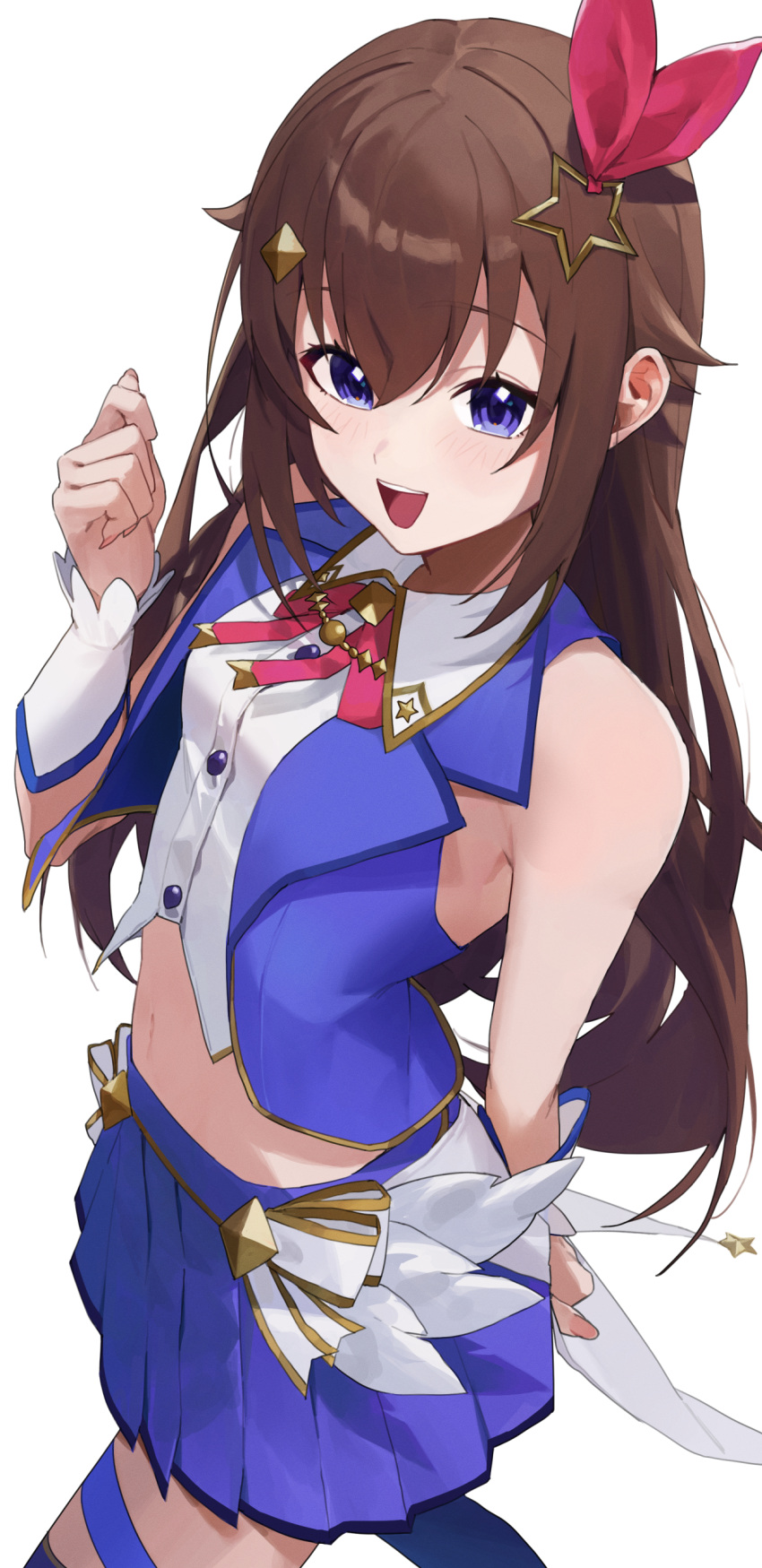 1girl absurdres bare_shoulders blue_eyes blue_skirt blue_vest brown_hair commentary cropped_shirt d4kou16 diamond_hair_ornament from_above hair_flaps hair_ornament hand_up highres hololive leg_ribbon long_hair looking_at_viewer midriff navel open_clothes open_mouth open_vest pleated_skirt ribbon shirt simple_background skirt smile solo star_(symbol) star_hair_ornament symbol-only_commentary thigh_ribbon tokino_sora tokino_sora_(1st_costume) vest virtual_youtuber white_arm_warmers white_background white_shirt
