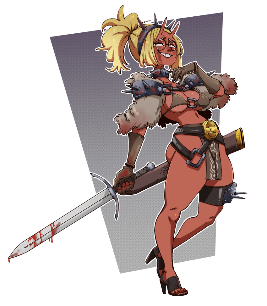 absurd_res blonde_hair blood bodily_fluids breasts clothing collar female footwear hair hi_res high_heels holding_object holding_sword holding_weapon horn horned_humanoid humanoid melee_weapon nuclearwasabi red_body red_skin solo spiked_collar spikes sword weapon
