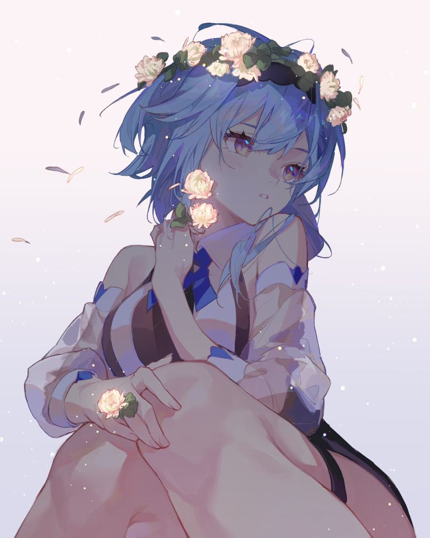 1girl alternate_costume bare_shoulders blue_hair commentary_request eula_(genshin_impact) flower genshin_impact head_wreath highres long_sleeves oriori_0201 parted_lips shirt sitting solo thigh_strap white_flower white_shirt