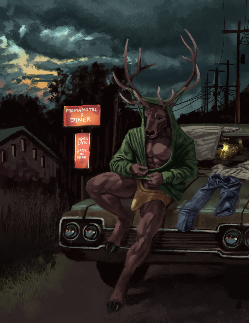 2022 abs absurd_res anthro antlers bottomwear brown_body brown_fur bulge car cervid cervine clothed clothing denim denim_clothing digital_media_(artwork) elk erection exposed flashing fur hi_res hoodie hooves horn jeans looking_down male mammal momamo muscular muscular_anthro muscular_male outside pants partially_clothed pecs public putting_on_clothes rural sign sitting_on_car solo solo_focus topwear torn_hoodie underwear vehicle